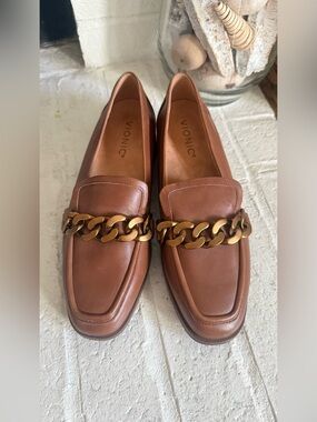 Vionic Mizelle Curb Chain Leather Loafers Monk’s Robe Brown Gold Size 7